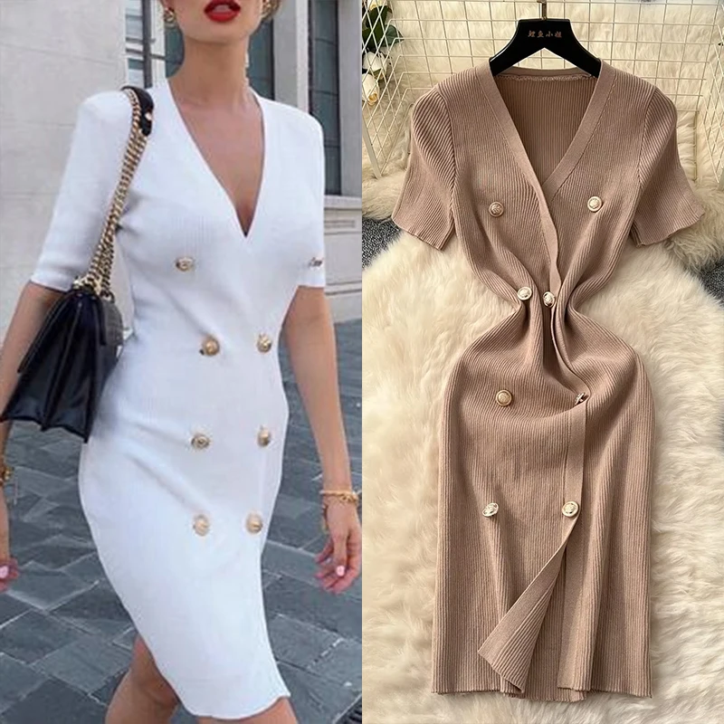 

2025 Chic Fashion Sexy Slim Wrap Bodycon Dress Summer Brand Style Women Knitted Midi Dress Elegant Office Lady Vestidos