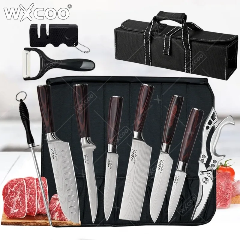 WXCOO Japanisches Messerset mit Messertasche, Damaskus, Laser, Küchenmesser, Fischfilet, Fleischbeil, Fruchtschäler, Santoku-Schneider