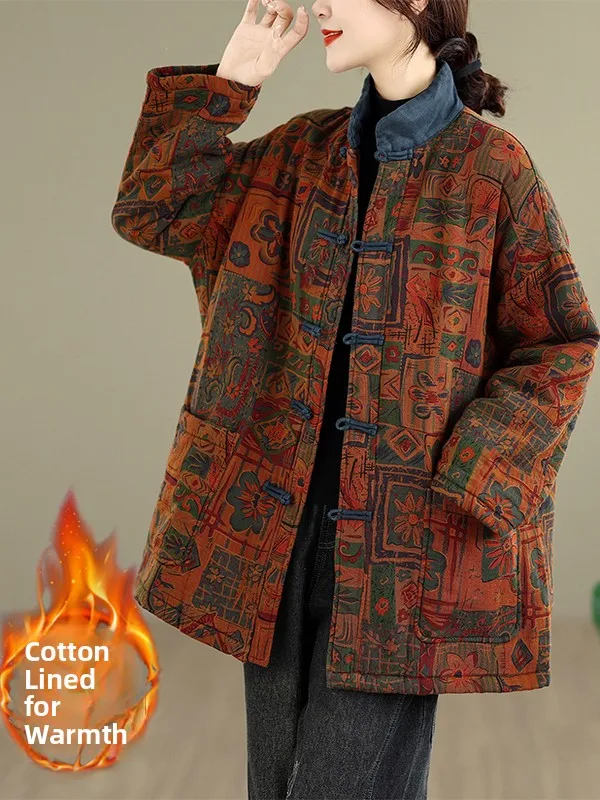 

Retro Button Printed Thiened Cotton Jaet Women's Winter Warm Ethnic Sle Loose Cotton Coat Outerwear Floral Print Long S...