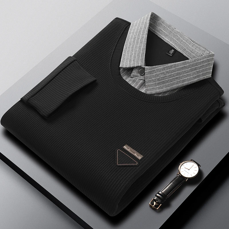 T-shirt a maniche lunghe da uomo autunno 2025 con colletto, due pezzi finti, completo da papà, colletto della camicia, top ampio di mezza età