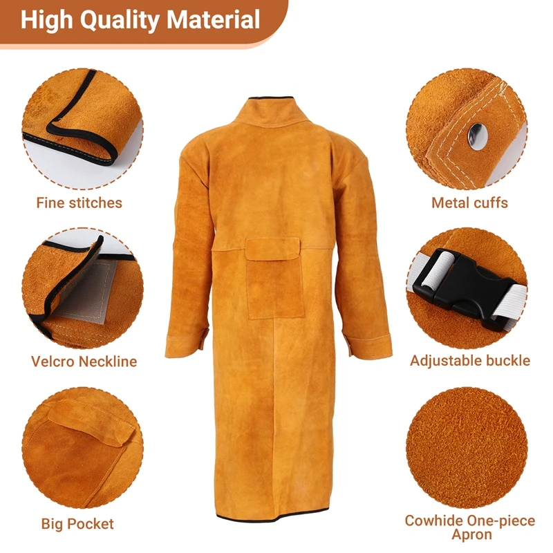 120Cm Welding Apron Flame Retardant Long Sleeve Welder Protective Clothing Split Leather Fire-Resistant