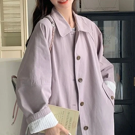 Light Purple Artistic Retro Midi Length Casual Style Coat Spring New Simple Match All Vintage Turn-down Collar Long Coat
