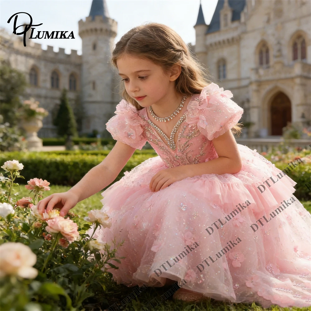 Beading Ball Gown for Girls, Wedding Flower Girl Dresses Puff Sleeves 3D Floral Children's Formal Gown for Events, Performance