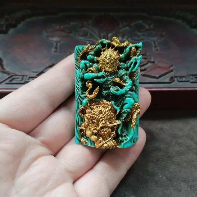 Antique Collectible With Aged Patina, Turquoise And Gold-Painted Vajra Pendant Accessory