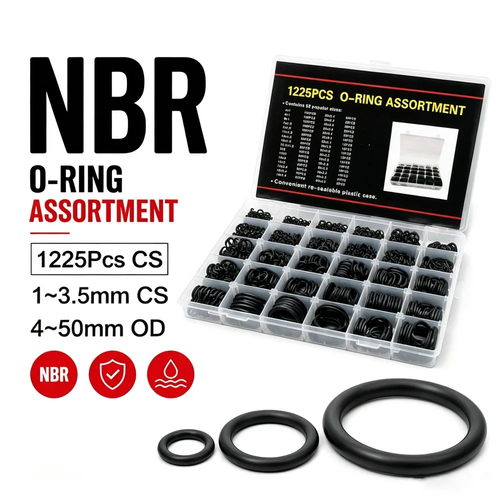 Black Nitrile Rubber O-Ring Kit 1225Pcs CS1-3.5mm OD4-50mm Automotive & Industrial Hydraulic NBR Waterproof Sealing Rings