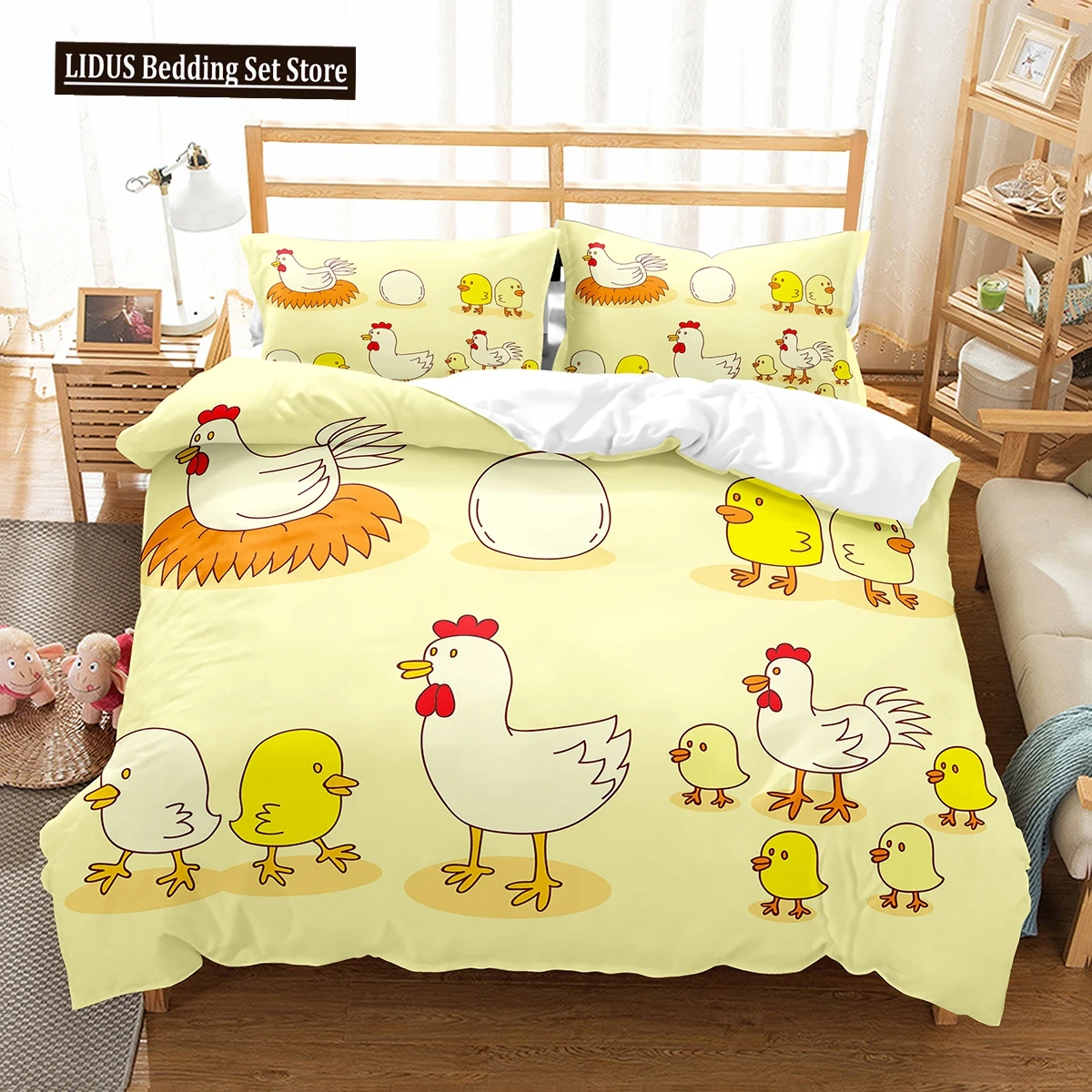 

Cartoon Chicken Animal King Queen Duvet Cover Kawaii Yellow Chick Bedding Set Lovely Hen Quilt Cover Polyester Comforter Cover