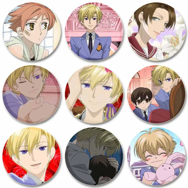 Anime Character Mitsukuni Haninozuka/Tamaki Suou/Haruhi Fujioka/Hikaru Hitachiin Lapel Pin Round Brooch Badge for Backpack Decor