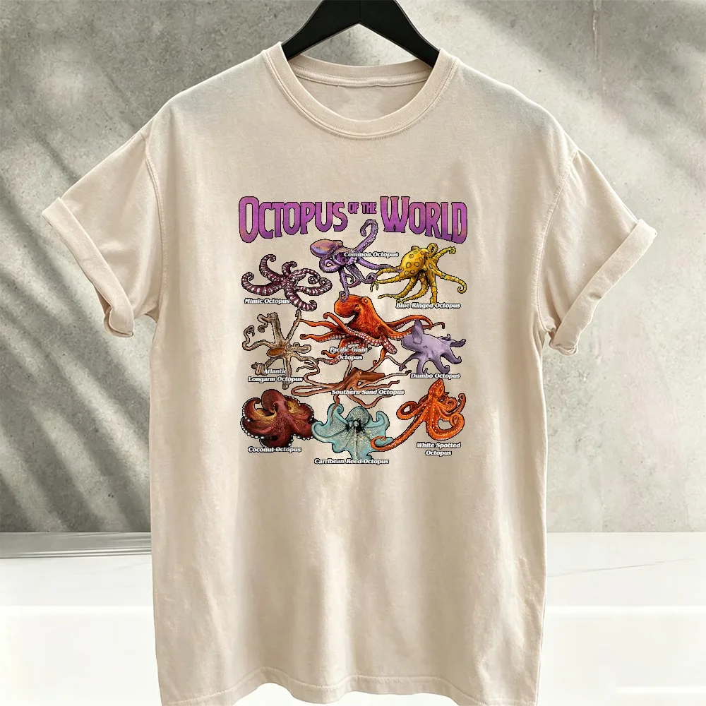 Octopus of The World Different Species Colorful Octopus Chart Graphic T‑Shirt Marine Biology Ocean Animal Educational Cotton Tee