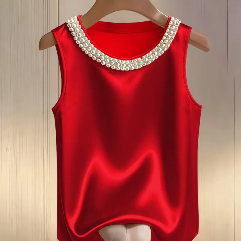 Elegant Women  Fashion Silky Satin Solid Vest Tops Summer O-neck With Faux Pearl Loose Blousecasual Loose Sleeveless Tank Top