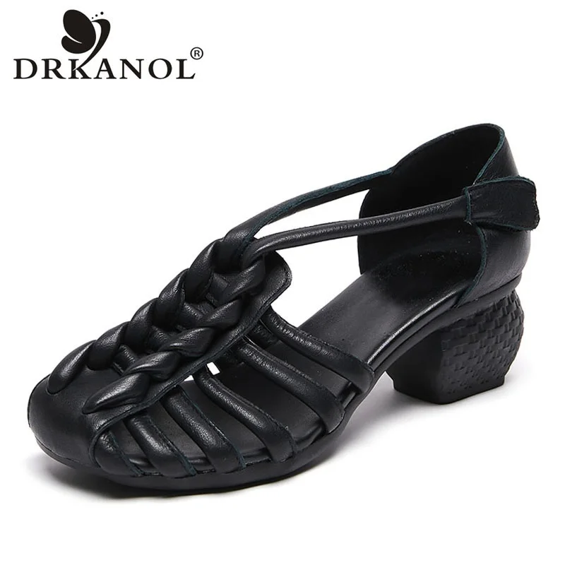 

DRKANOL 2024 New Design Women Roman Sandals Summer Thick Heel Shoes Concise Hook And Loop Genuine Leather Weave Casual Sandals