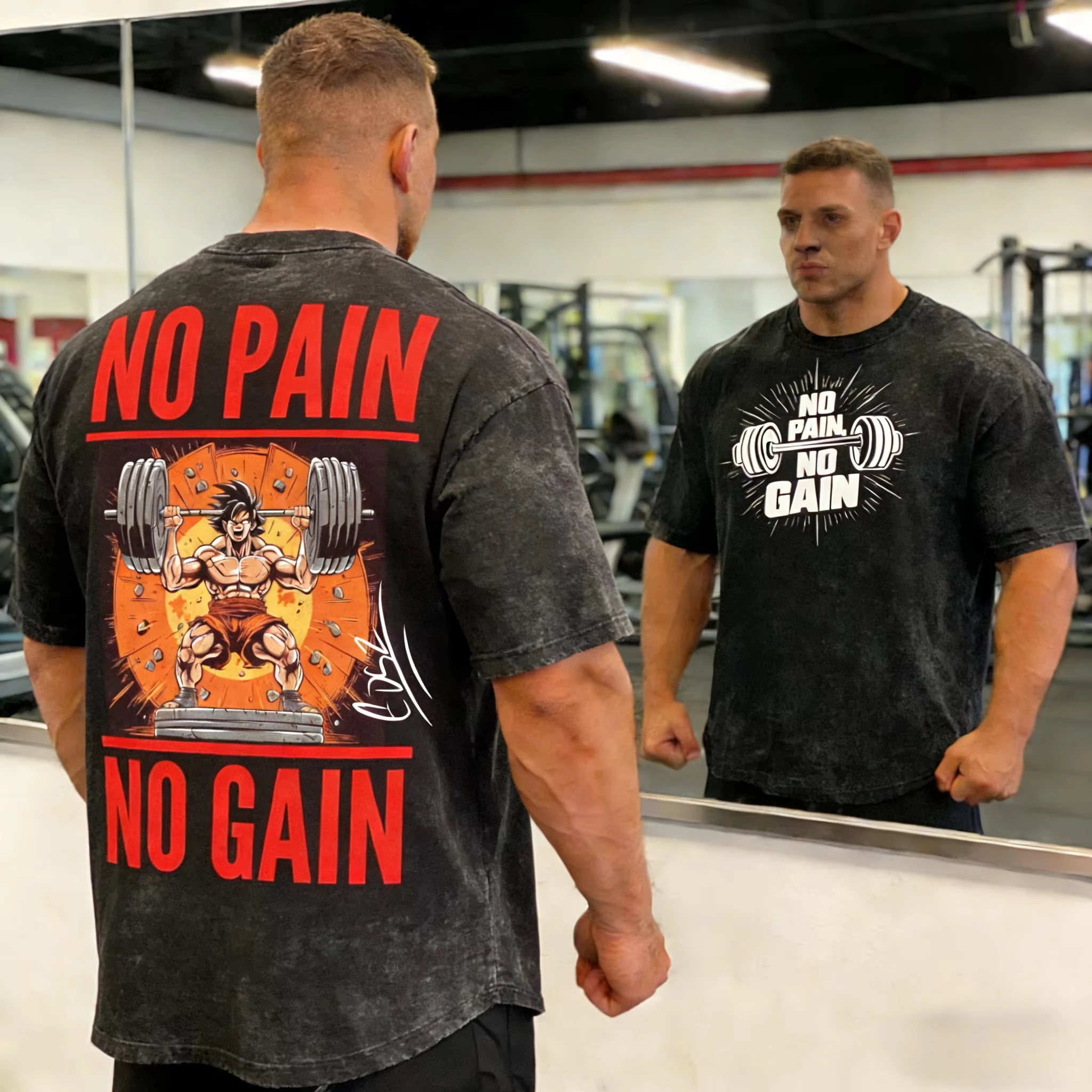 

2026 Summer Dragon Ball Retro Men's Washed T-Shirt 100% Cotton Oversized Gym Tee Goku "No Pain No Gain" Print Bodybuilding Kids