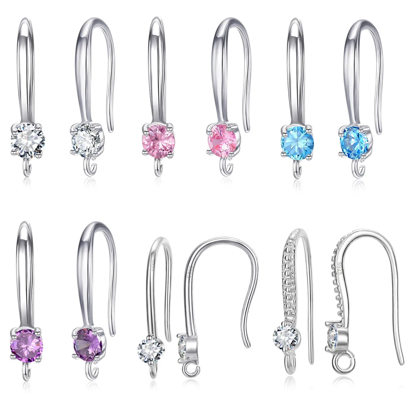 

Hot Sale 925 Sterling Silver DIY Jewelry Findings White Pink Blue Purple Rhinestone Crystal Hook Earrings Making Compoments
