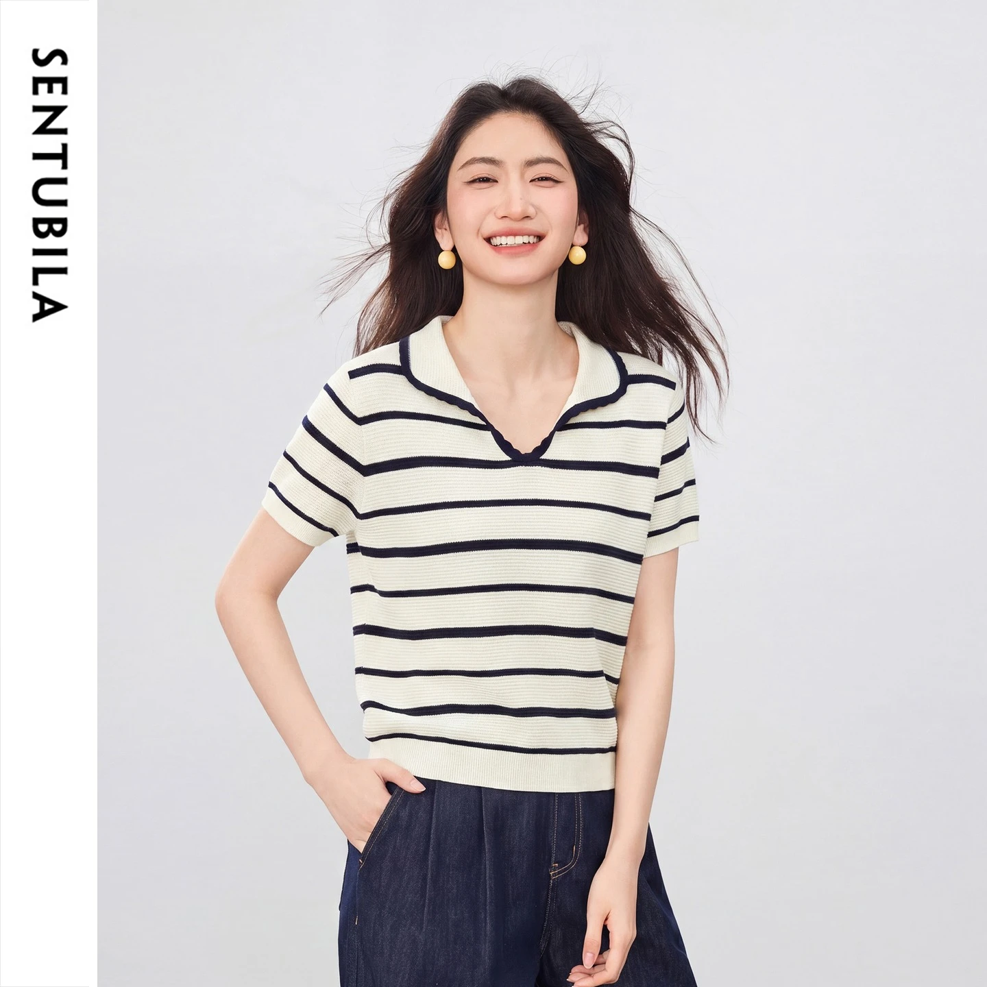 SENTUBILA Women's Striped Knitted Short Sleeve Pullover 2026 Summer Lapel Straight Slim Fit Casual Commuter Top W62HC7535