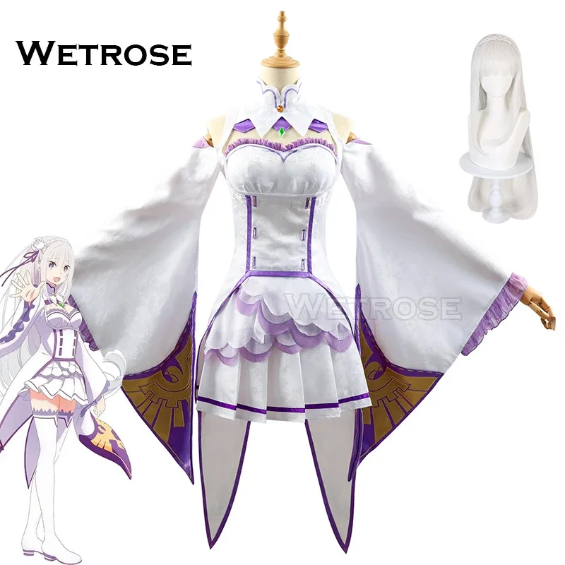 【Wetrose】В наличии Косплей Костюм Эмилии Re: 0 kara Hajimeru Isekai Seikatsu Zero, новый сезон, 3 комплекта, парик, Хэллоуин, Рождество
