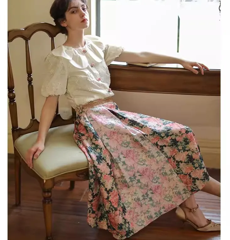 

61-71cm Elastic Waist Spring Fall Skirts Women Elegant Handmade Beadings Shiny Sequins Vintage Jacquard Floral Big Swing Skirts