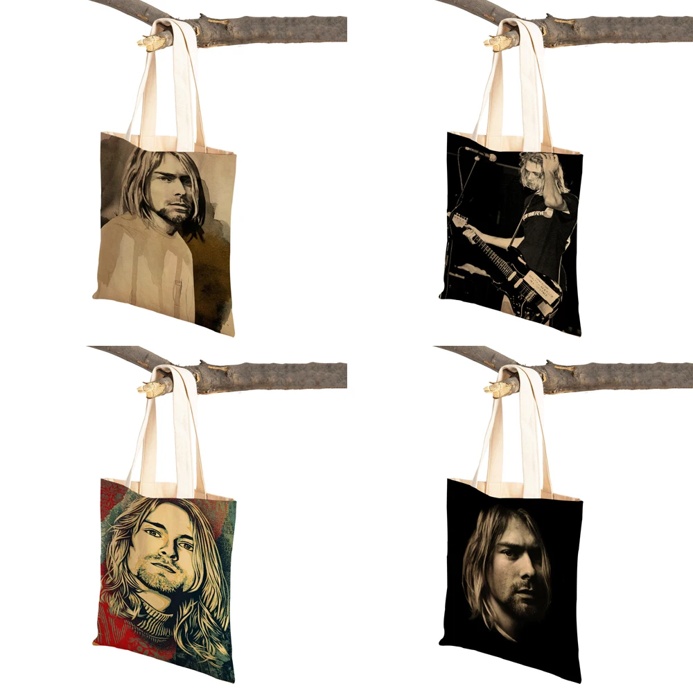 Kurt Cobain Shopping Bags Rock Roll Music Shopper Supermarket Bag Design Women Handbag Eco Portable Convenient Storage Tote