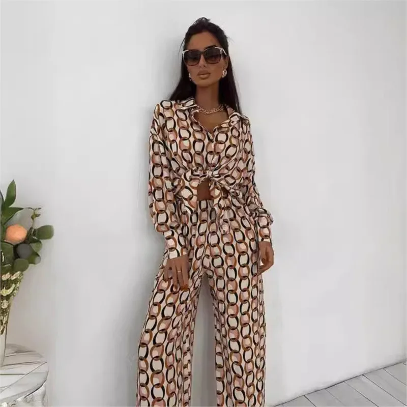 Printed Shirt Pants Suit Women\'s Loose Lapel Single-button Top Suit 2024 Spring New Women\'s Casual Shirt Suit