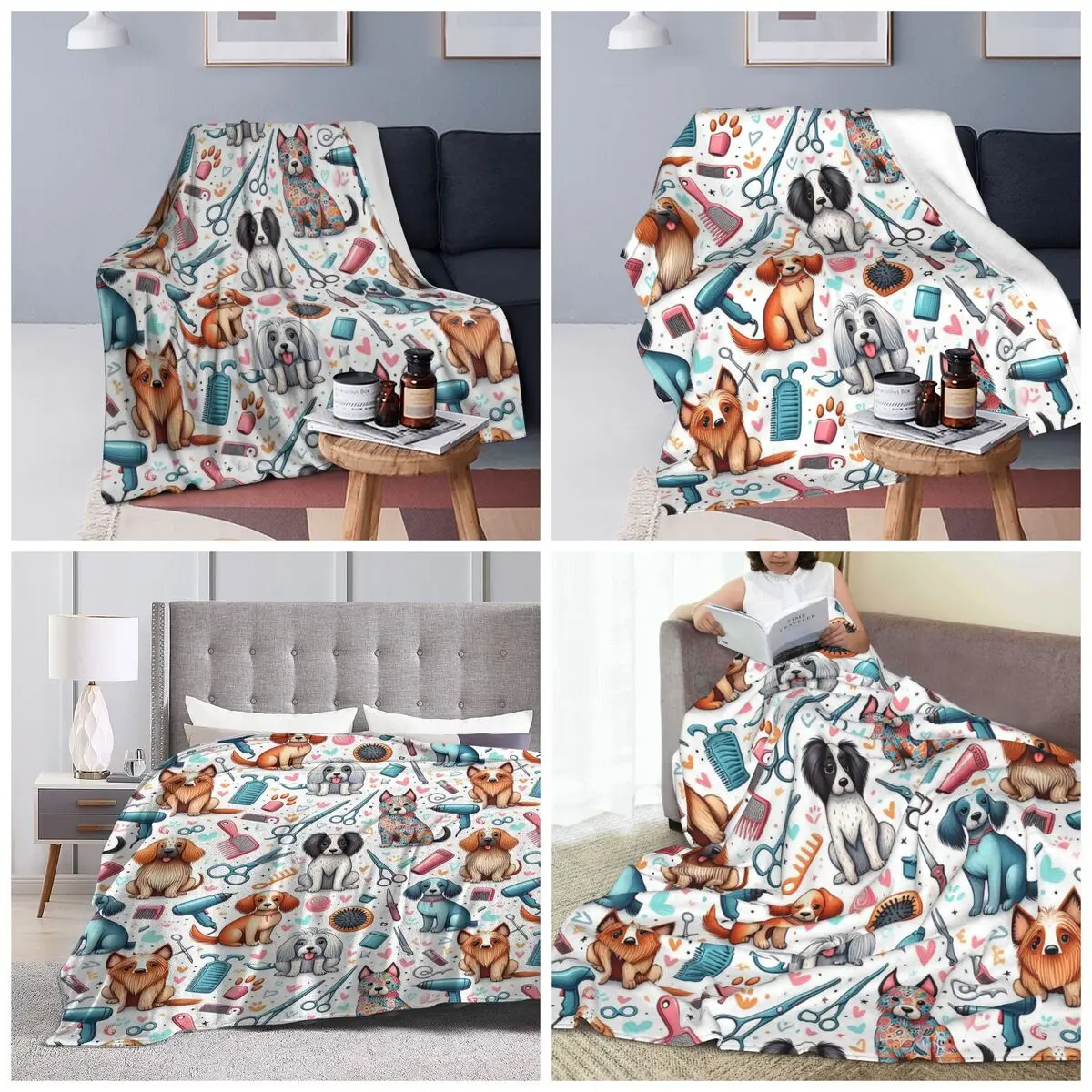 Dog Grooming Printed Blankets Soft Warm Flannel Throw Blanket Plush for Bed Travel Home Couch