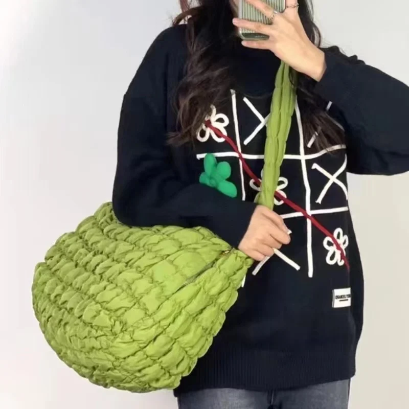Y2K Style Casual Ruched Oversized Women Shoulder Bags Quilted Padded Crossbody Bag Large Capacity Nylon Tote Big Shopper Purses
