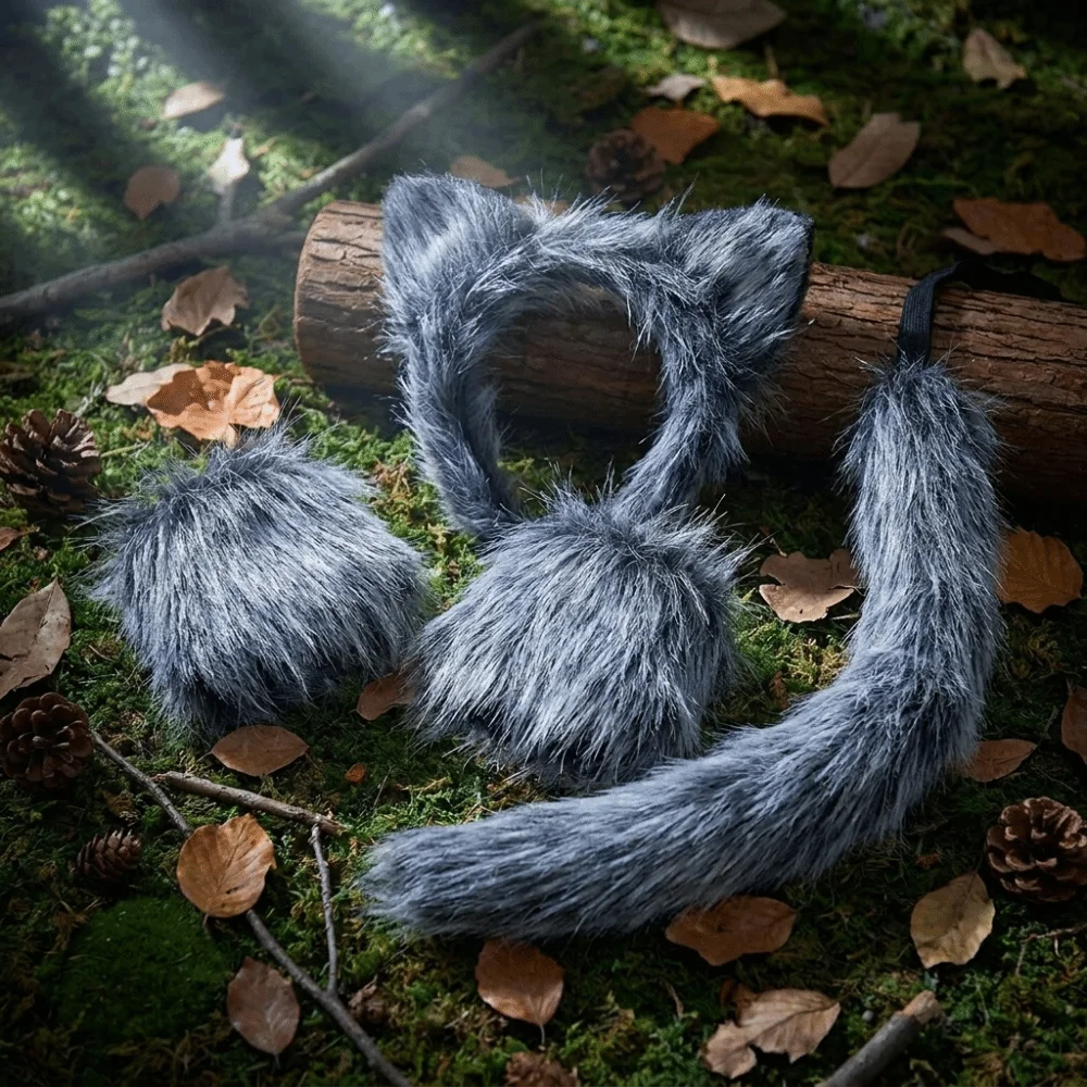 4pcs/set Furry Gray Wolf Costume Set Faux Fur Fluffy Plush Sleeve Cover Tail Kit Lightweight Exquisite Wolf Ear Headband