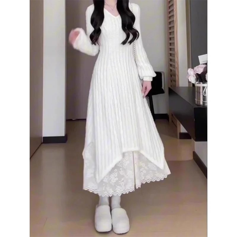 Lente 2025, nieuwe witte lange Sve gebreide Dr damesontwerp Sense kant splitsen lange rok casual Sle A-lijn midi Dr