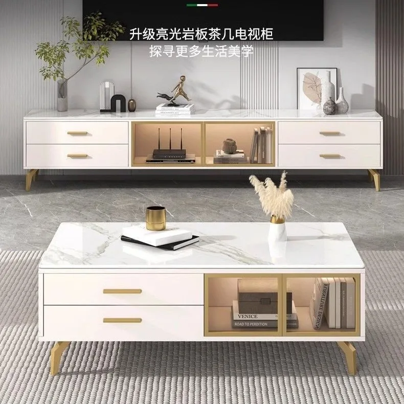 

European simple coffee table rock panel TV cabinet combination cream wind floor locker solid wood TV cabinet