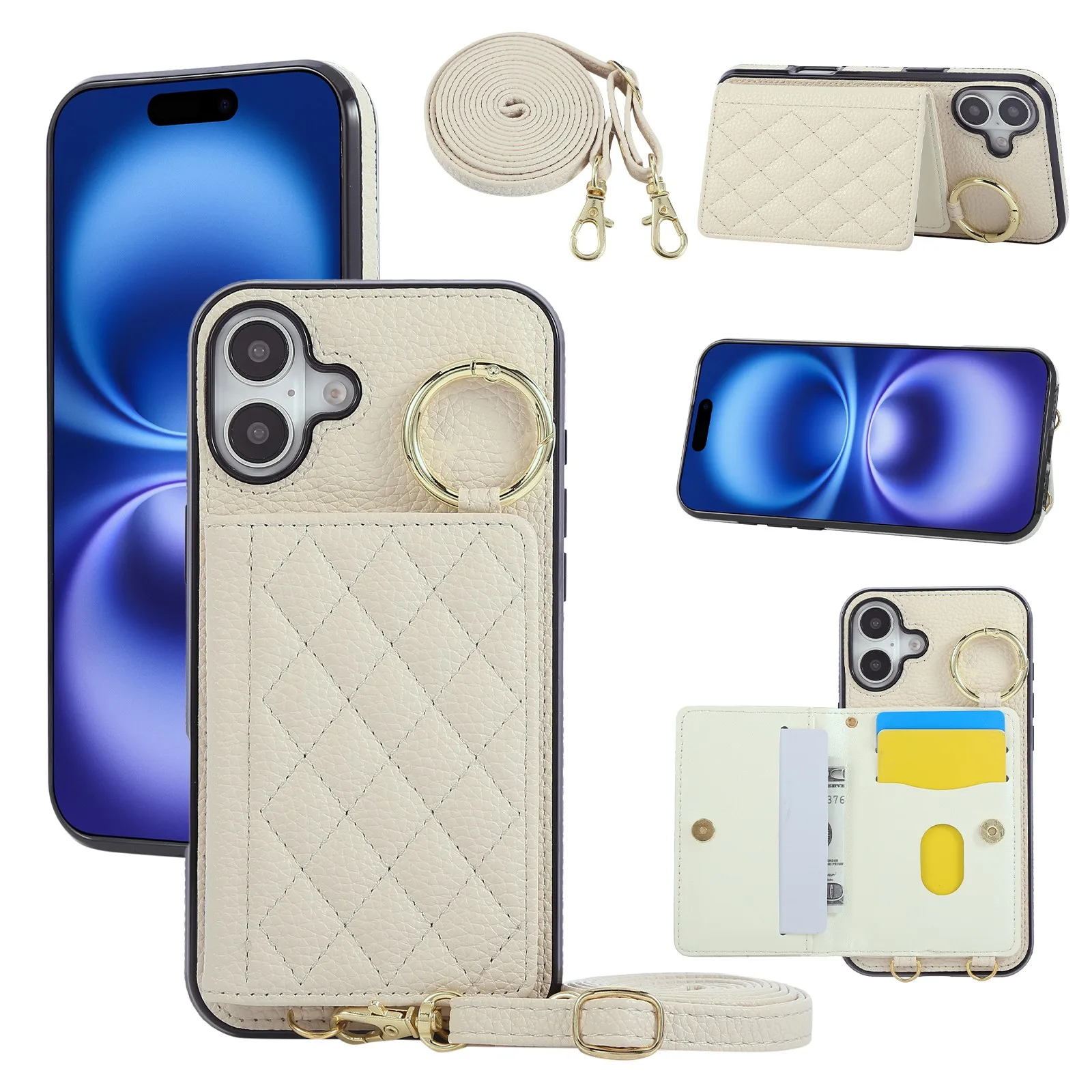 Elegant PU Leather Phone Case With Finger Ring&Shoulder Strap For Women For iPhone 17 16 15 13 12 11 8 7 6 Plus Pro Max 16e 17e