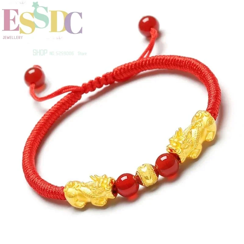 Wholesale Hand Weave Sand 3D Hard Gold Transfer Luck Beads Female Pixiu  The Animal Year Red Cord Bracelet