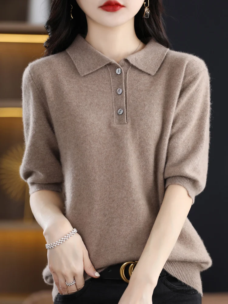 Spring Autumn Women Polo Collar Pullover Half Sleeve Thin Sweater 100% Merino Wool Knitwear Korean Casual Shirt Tops Clothing