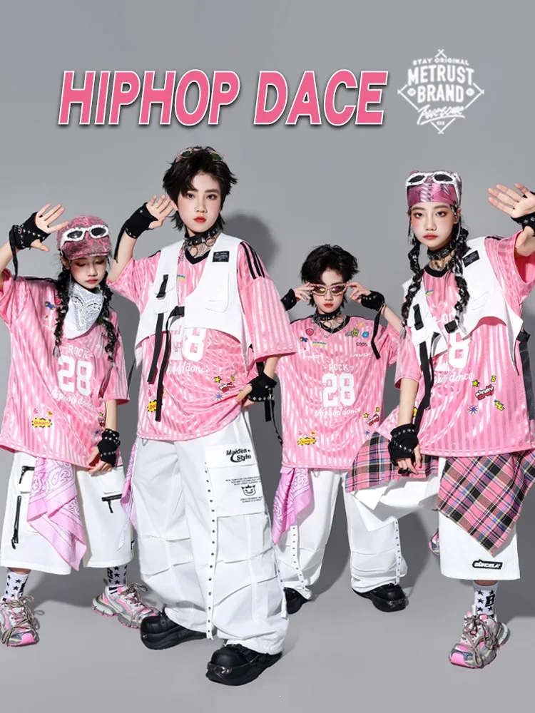 Kids Hip Hop K‑pop Dance Boys Pink T‑shirt Vest Cargo Pants Girls Jazz Street Dance Shorts Costume Children 2Pcs Clothes Set
