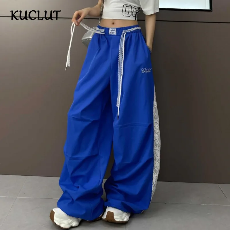 

KUCLUT 2025 Fashion Trendy Lace Patchwork Pleated Cargo Pants For Women High Street Drawstring Design Wide-Leg Casual Pant 1A337