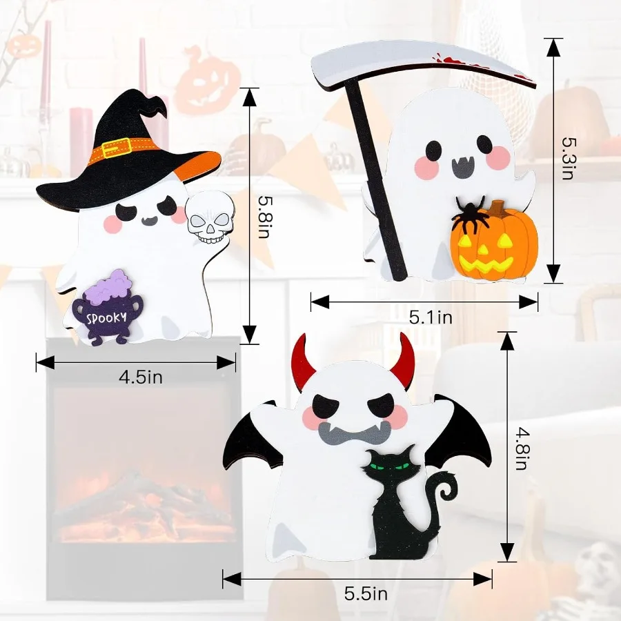 ของตกแต่งฮาโลวีนรูปผีตลก 3 ชิ้น ของตกแต่งภายในบ้านสุดหลอนสำหรับวางบนโต๊ะและถาดวางของ ของตกแต่งฟักทองรูปผีน่ารักสองด้านสำหรับงานปาร์ตี้หรือตกแต่งบ้าน