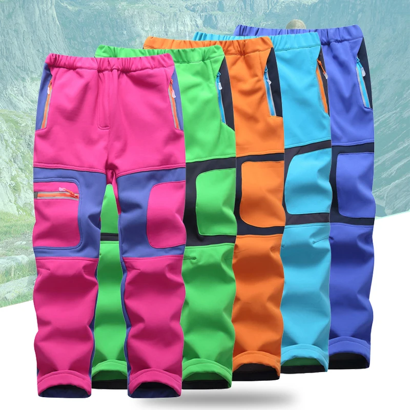 

Outdoor Kids Water Repellent Hiking Pants Windproof Fleece Colorful Patchwork Softshell Camping Climbing Skiing Sport Trousers