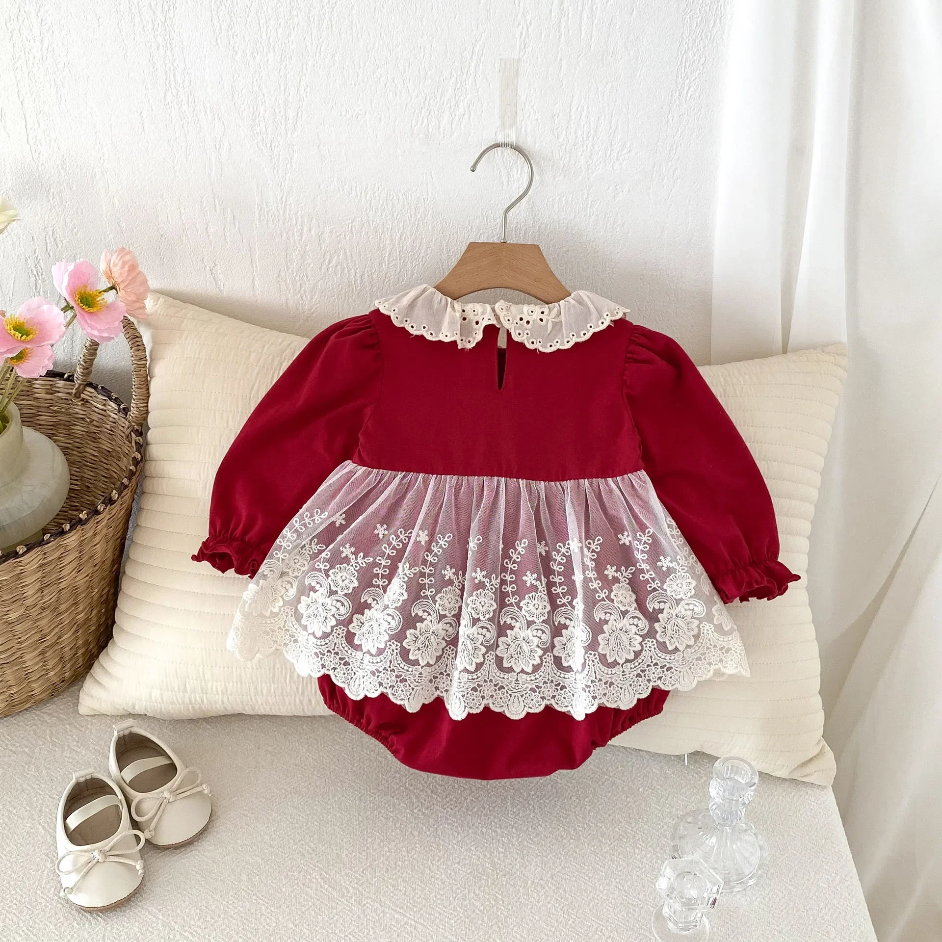 2024 Autumn Baby Girls Clothing Newborn Bodysuit 0-24M Infant Cute Lace Floral Patchwork Dress Toddler One Piece Clothes