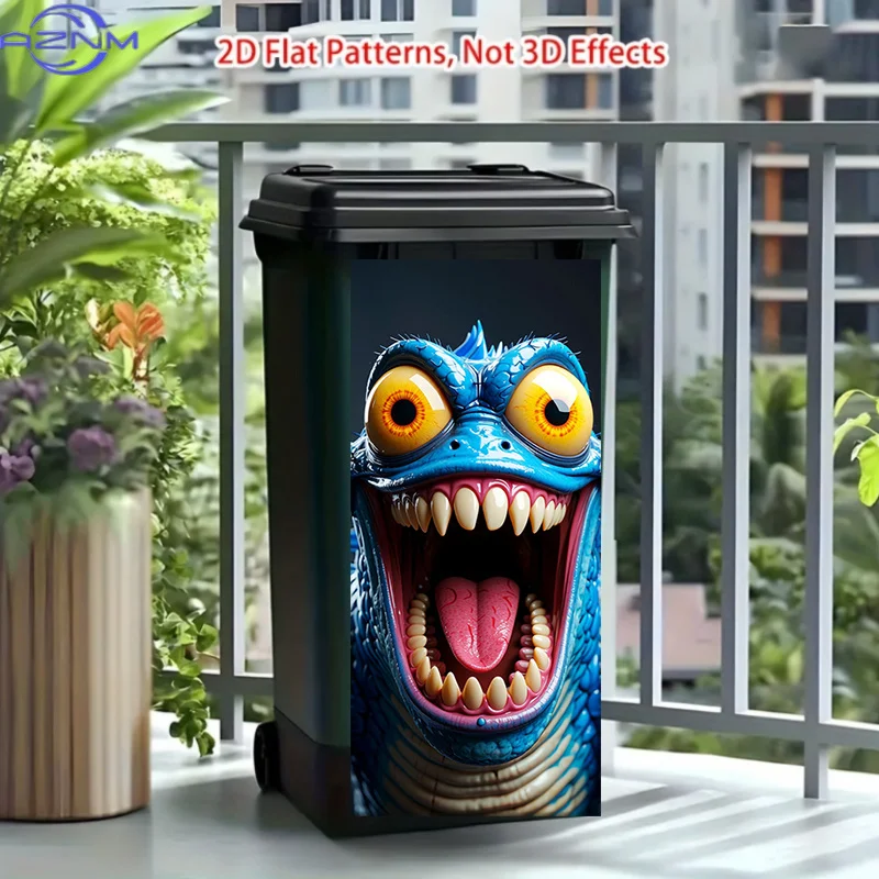 One Trash Can Sticker Measuring 37*82cm / 14.57*32.28 Inches, Featuring a Blue-Eyed Fanged Monster Pattern Design. This Matte