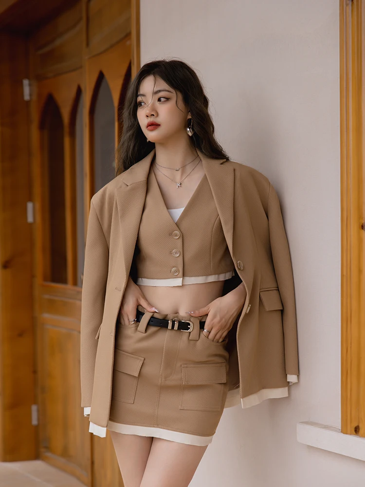 

Ele Color Blo Women's Suit Jaet And Vest Set Faionable Midi Skirt Simple Design High Quali Polyester Fabric