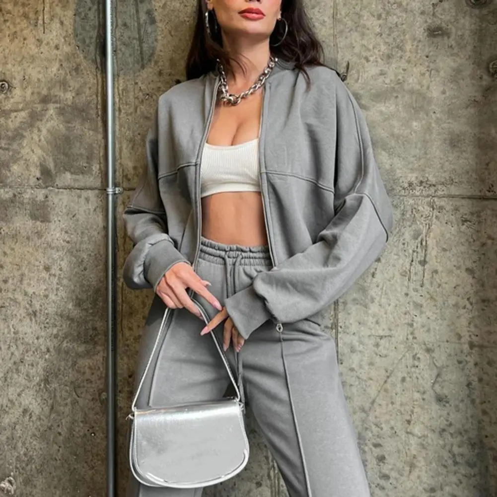 

Women Two-piece Set Women's 2-piece Tracksuit Set with Stand Collar Coat Wide Leg Pants Zipper Closure Long Sleeve for Casual