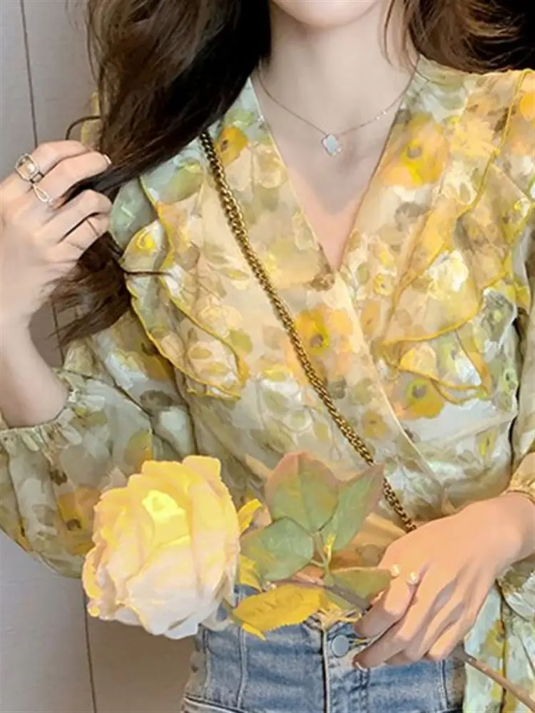 

Yellow Flower Print Chiffon Top Women's Spring 2023 ort Sle Belted Overirt Gentle Fairy T like Design V-ne Slim Fit