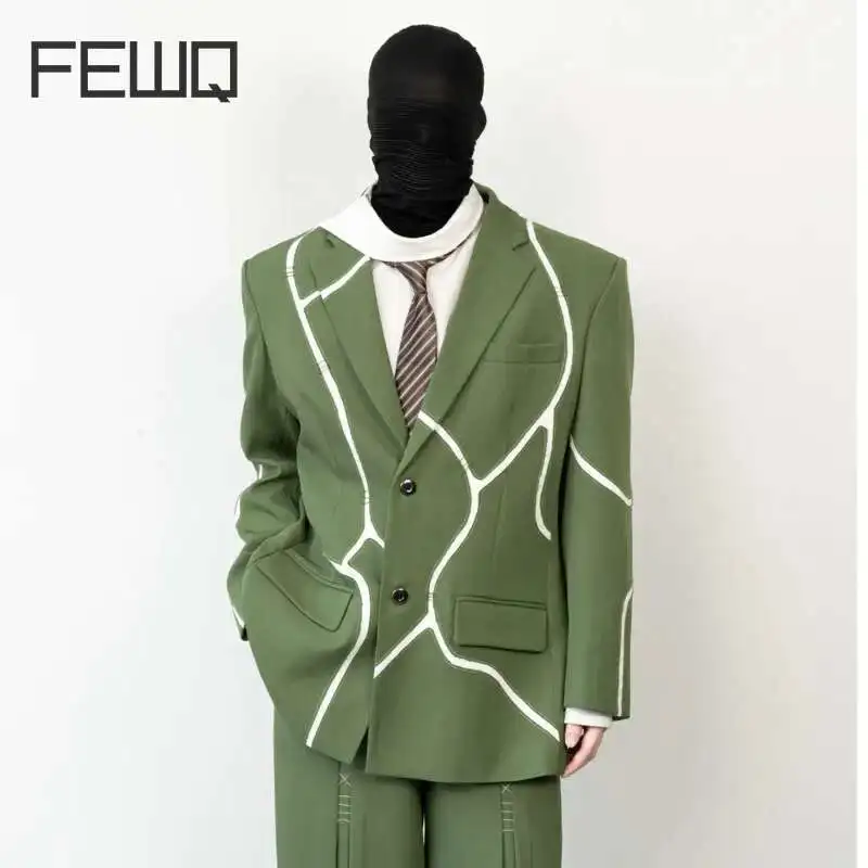 FEWQ, chaquetas de traje con estilo de primavera para hombre, empalme de grietas, Color contrastante, nueva moda informal, chaqueta holgada de un solo pecho para hombre 24K2698