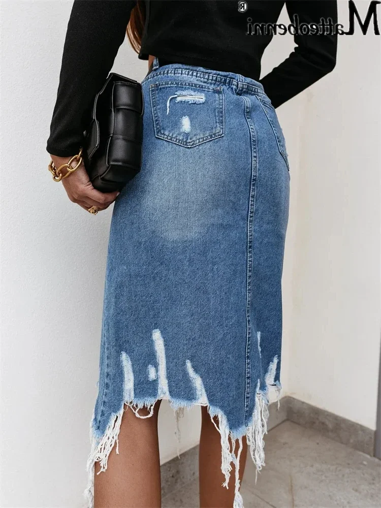 2024 Summer Sexy Asymmetric Denim Skirt Women High Waist Slit Ripped Beggar Midi Skirts Casual Slim Worn Tassel Blue Jeans Skirt