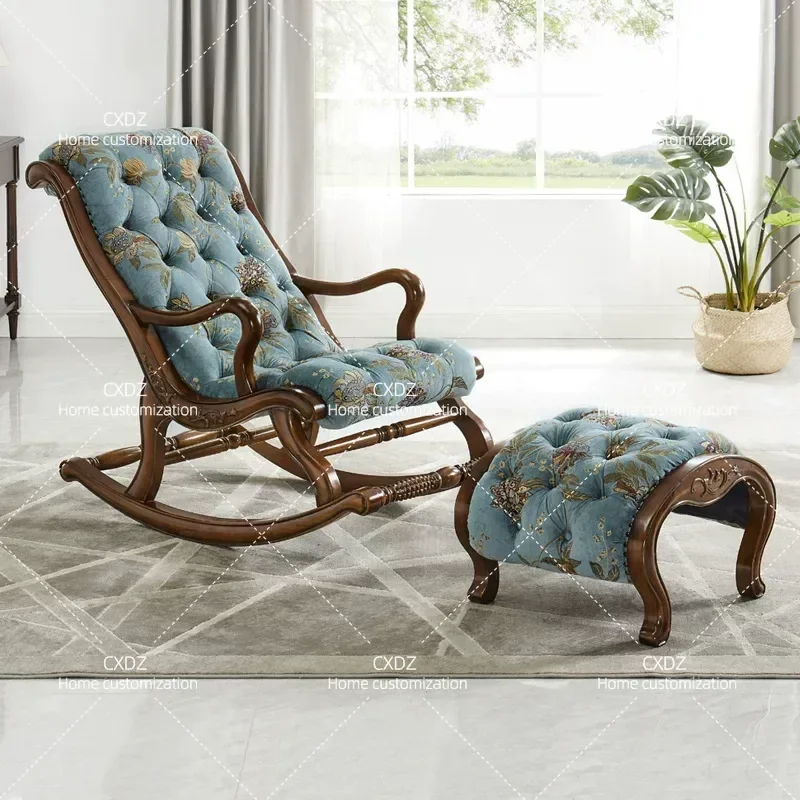 Solid Wood Leather Rocking Chair for Adults Balcony Nap Lazy Recliner Home Leisure Elderly Comfortable Seating Furniture
