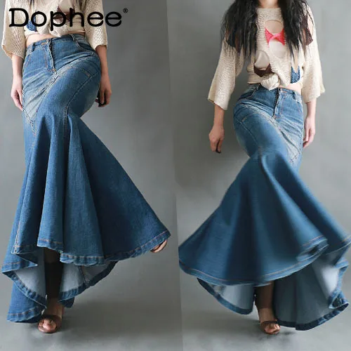 Heavy Industry Curved Beautiful Stitching Fishtail Large Swing Mop Denim Fishtail Skirt Women Slim-Fit Sheath Denim Long Skirts