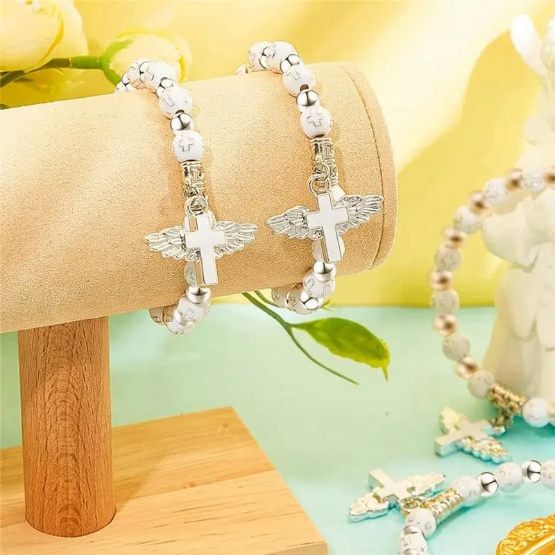 30 Pieces Angel Wing Rosary Bracelets Acrylic Baptism Beaded Bracelets For Baptism Favors Communion Weddings Party Eco-Friendly