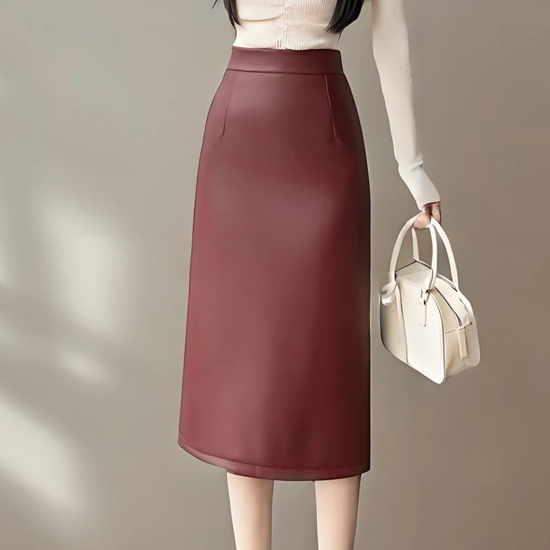 

Женская юбка-миди из искусственной кожи, осенне-зимняя женская посылка, юбка-карандаш с разрезом на спине, офисная женская рабочая одежда, юбки-миди с высокой талией