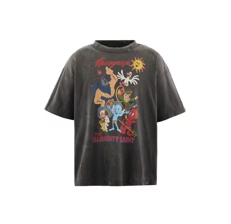 Summer SAINT Mx6 Vintage Washed Cartoon Print Pattern Casual Loose Round Neck Short Sleeved Street Cotton Versatile T-shirt view 6