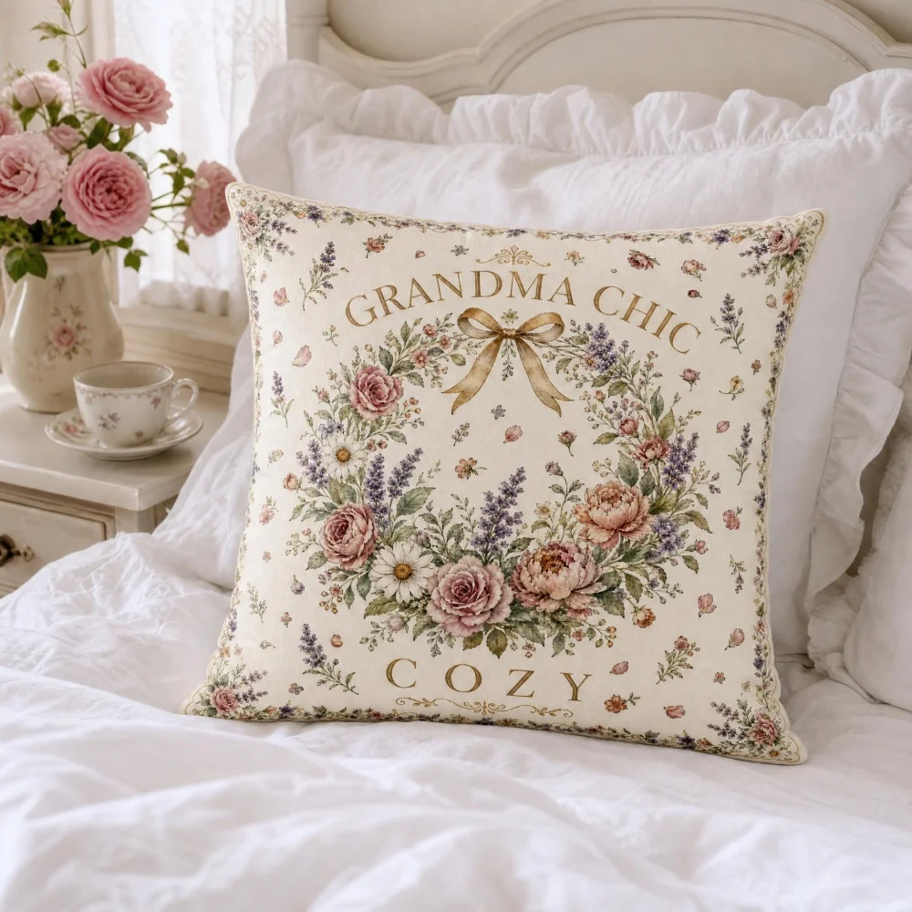 Grandmacore Vintage Floral Stuffed Throw Pillow 40cm, Rose Wreath Bow Print Square Cushion for Cottagecore Bedroom Sofa Decor