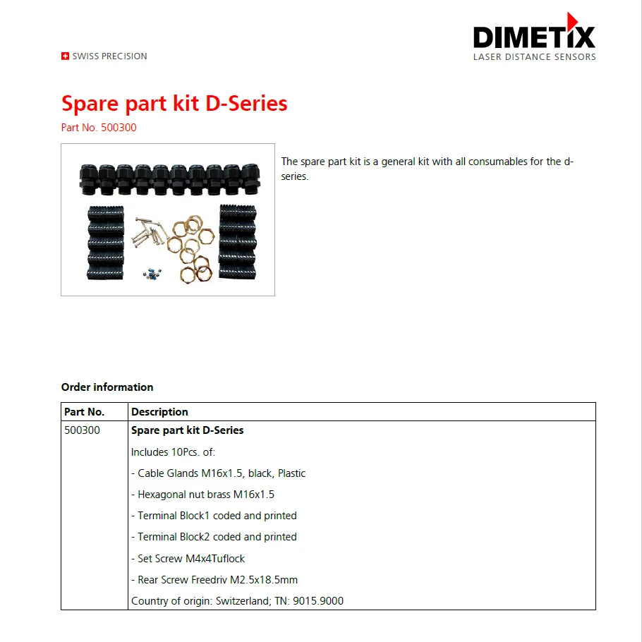 Accessories for Dimetix D-Series sensor Part No. 500300