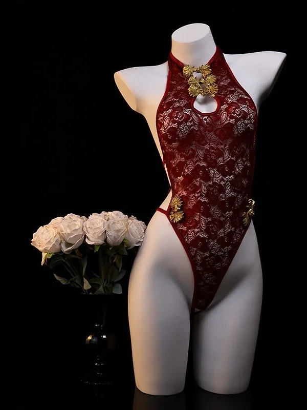Sexy Lace Bodysuit for Couples Shoulder Baring High Split Three Quarter Sleeveless Bodysuit for Women Summer Season Floral Print