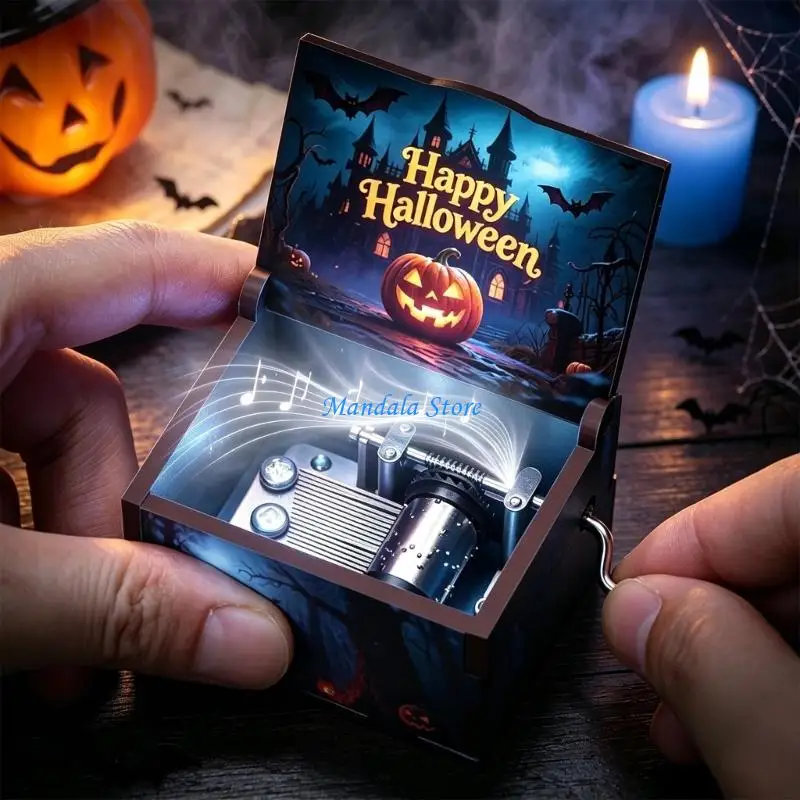 U2JC Halloween Mantels and Shelf Wooden Music Box, Manual Hand Crank Mechanical Musical Decors Accent for Tabletop Gift Display