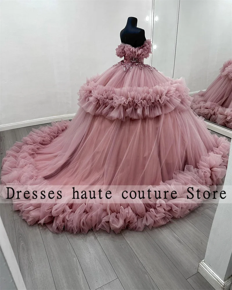 New Pink Tulle Ball Gown Quinceanera Dresses 2025 Crystals Appliques Ruffles Sweet 15 Dress Customized Vestidos De 15 Años